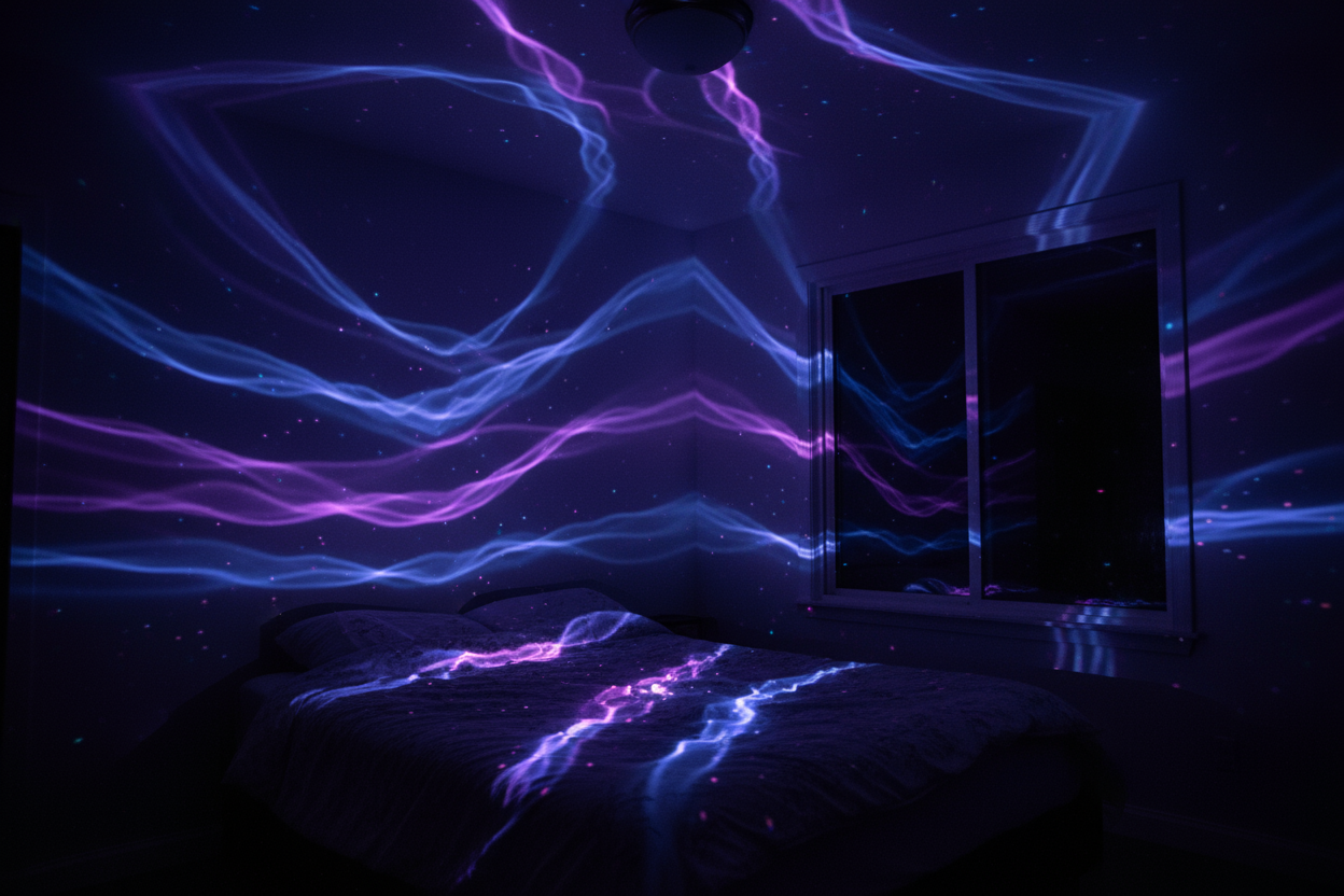 dale efecto de olas por una lampara de luz led a una habitacion a oscuras. que los colores sean azulados morados